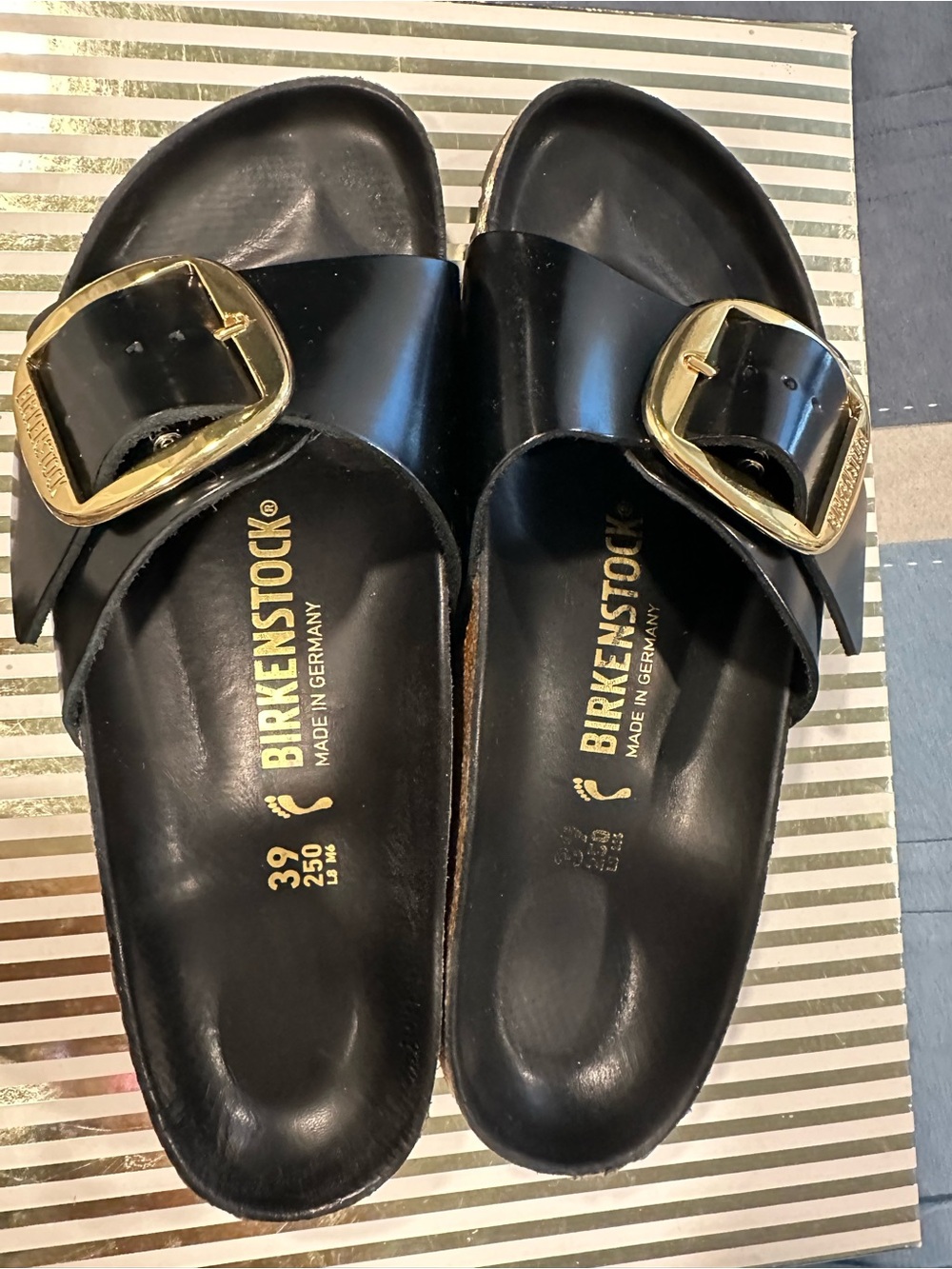 Birkenstock Black Sandals with Gold Buckles